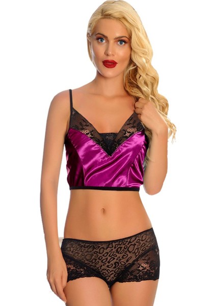 Zariften Mor Saten Dantelli Babydoll Şortlu Takım - 287