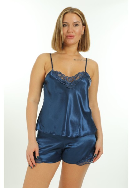 Zariften Lacivert Saten Babydoll Şortlu Takım - 259