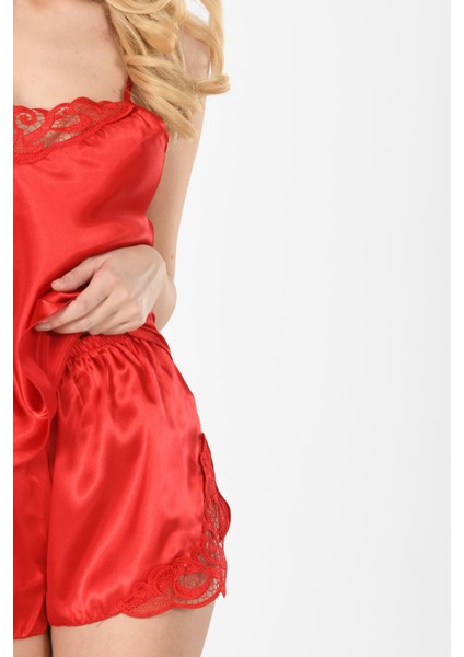 Zariften Kırmızı Saten Babydoll Şortlu Takım - 282 modelleri