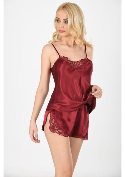 Zariften Bordo Saten Babydoll Şortlu Takım - 281 modelleri