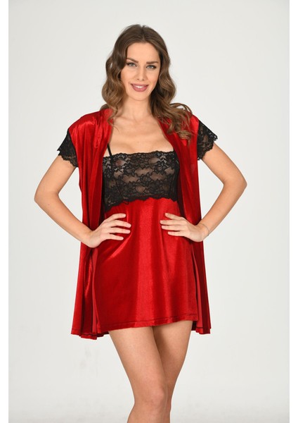 Zariften Kırmızı Kadife Sabahlık Gecelik Takım 2' Li - 1428