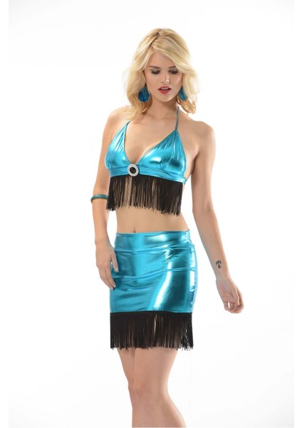 Zariften Turkuaz Deri ( Lame ) Püsküllü Gecelik - 472