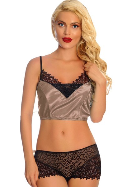 Zariften Vizon Saten Dantelli Babydoll Şortlu Takım - 289