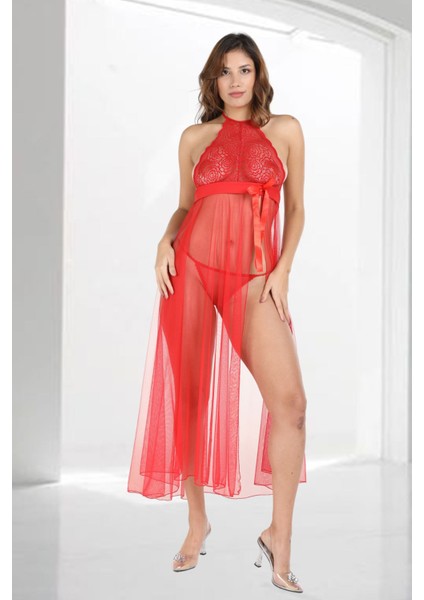 Zariften Kırmızı Dantelli Tül Gecelik - MZARIFTEN57 indirimleri