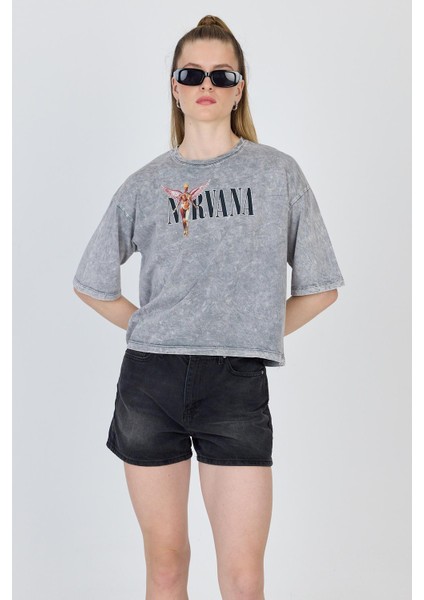 Gri Yıkamalı Yazı Baskılı Tişört 253020