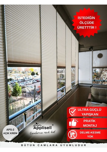 Cam Balkon Perdesi – Yapışkanlı Plise Perde | Kolay Montaj-Açık Krem