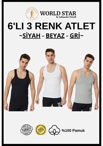 6'lı Erkek Atlet – Siyah & Beyaz & Gri – Pamuklu Penye - Rahat ve Dayanıklı