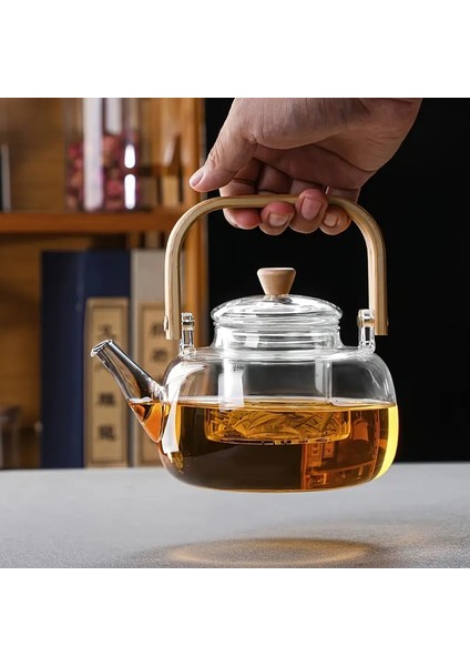 Borosilikat Cam Bambu Kapaklı ve Bambu Saplı Bitki Çayı Demliği 1000 ml