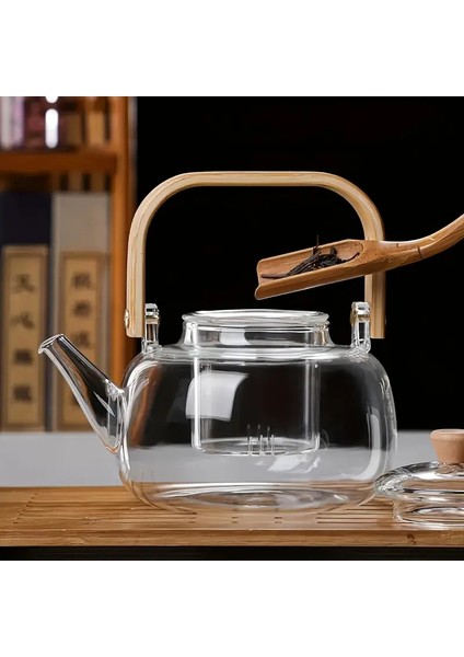 Borosilikat Cam Bambu Kapaklı ve Bambu Saplı Bitki Çayı Demliği 1000 ml