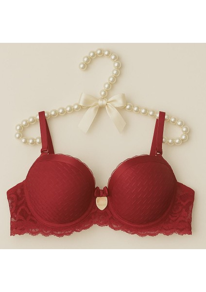 Desteksiz Saten Detay Dantelli C Cup Sütyen Kırmızı