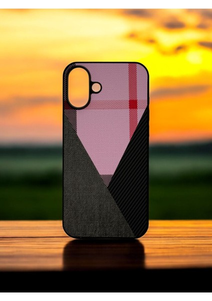 Iphone 16 Plus Uyumlu Plaid Üçgen Kumaş Dokulu Karbon Görünümlü Kılıf