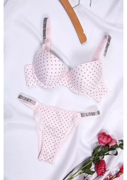 Lingerie Kadın Puanlı Baskılı Mikro Kumaş Taşlı Askılı Sütyen Takım
