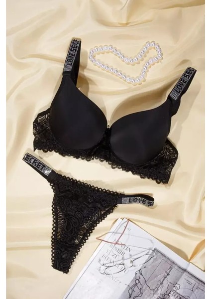 Lingerie Siyah Love Secret Taşlı Mikro Dolgulu Sütyen Takım 250