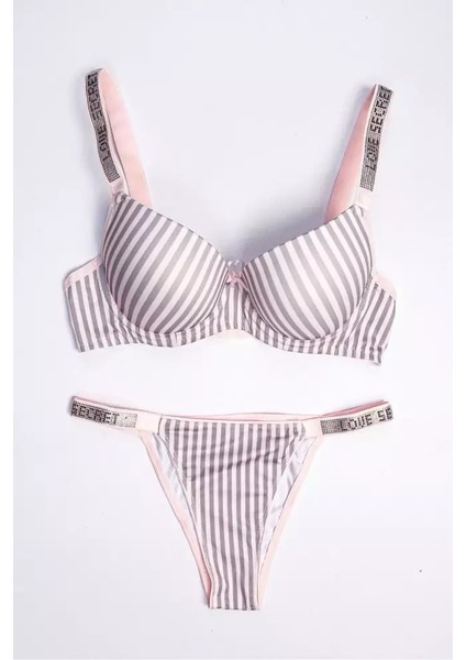 Lingerie Kadın Çizgili Mikro Kumaş Taşlı Askılı Dolgulu Sütyen Takım