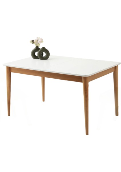 Fidan Beyaz Renk Naturel Etek Ahşap Ayak Açılır 140X90 Masa (Açılımış Ölçüsü 170X90)