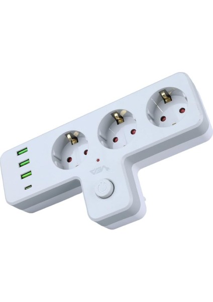 Grup Priz - 10 Amper 2500 Watt, Isıya Dayanıklı, Termal Koruma, 3 USB ve 1 Type-C Çıkışlı, Çocuk Koruması, Anahtarlı (3'lü Diktörtgen Priz, 3 USB + 1 Type-C)
