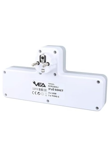 Grup Priz - 10 Amper 2500 Watt, Isıya Dayanıklı, Termal Koruma, 3 USB ve 1 Type-C Çıkışlı, Çocuk Koruması, Anahtarlı (3'lü Diktörtgen Priz, 3 USB + 1 Type-C)