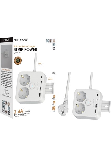Akım Korumalı 2'li Priz, Çocuk Korumalı ve Isıya Dayanıklı Yapı, 2x USB 2x USB A Girişli Tasarruflu Adaptör, 2 Metre Uzatma Kablosu