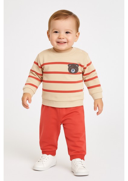 Erkek Bebek Ayıcık Nakışlı Çizgili 2’li Takım Pamuklu Pijama Takımı Günlük Rahat Kullanım