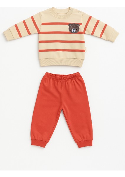 Erkek Bebek Ayıcık Nakışlı Çizgili 2’li Takım Pamuklu Pijama Takımı Günlük Rahat Kullanım modelleri