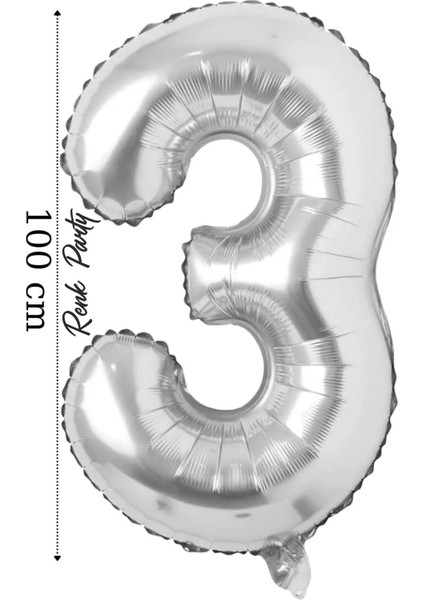 Folyo Balon 3 Rakamı Helyum Balon 100 cm Gümüş Renk - 3 Yaş Balonu - 3 Rakam Balon - 40 Inch