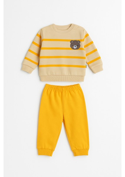 Erkek Bebek Ayıcık Nakışlı Çizgili 2’li Takım Pamuklu Pijama Takımı Günlük Rahat Kullanım fırsatları