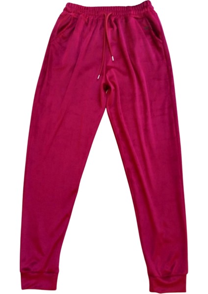 Parlak Kadife Cepli Pantolon Eşofman Pijama Altı Unisex Lastikli Paça Bordo