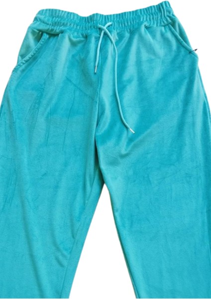 Parlak Kadife Cepli Pantolon Eşofman Pijama Altı Unisex Lastikli Paça Yeşil