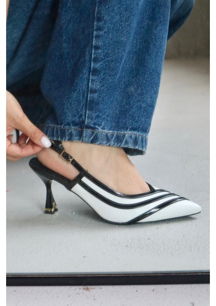 Della Beyaz Siyah Şeritli Arkası Açık Stiletto