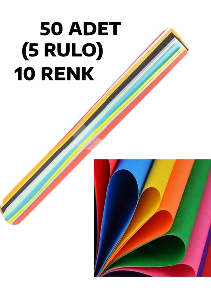50 Adet Fon Kartonu 10 Renk 5 Rulo 50 x 70 cm