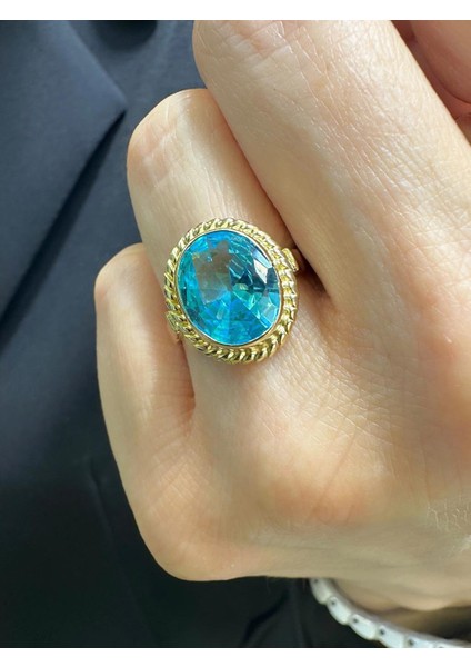 Oval Aquamarine Doğal Taş ve El Işçiliği 14 Ayar Altın Yüzük
