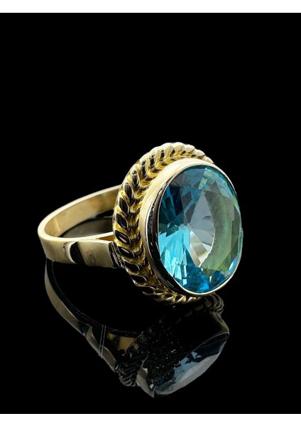 Oval Aquamarine Doğal Taş ve El Işçiliği 14 Ayar Altın Yüzük fırsatları