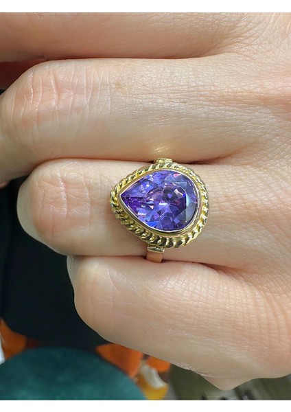 Damla Doğal Ametist Taş ve El Işçiliği 14 Ayar Altın Yüzük