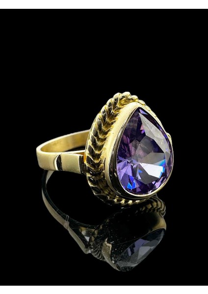Damla Doğal Ametist Taş ve El Işçiliği 14 Ayar Altın Yüzük fiyatları