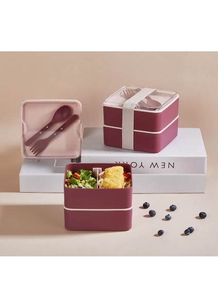Iki Katlı Pinterest Lunch Bux Organizer Saklama Kabı & Erzak Kabı & Beslenme Kabı - Kare Pembe&mürdüm