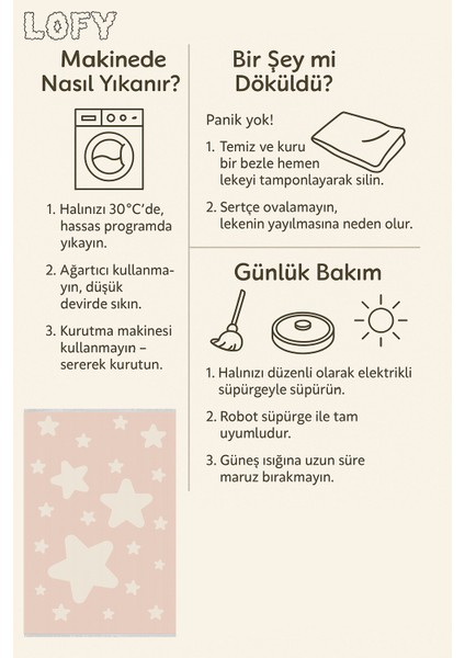 Pembe Yıldızlı Çocuk Odası Yıkanabilir Kaymaz Taban Leke Tutmaz Bebek ve Çocuk Odası Halısı