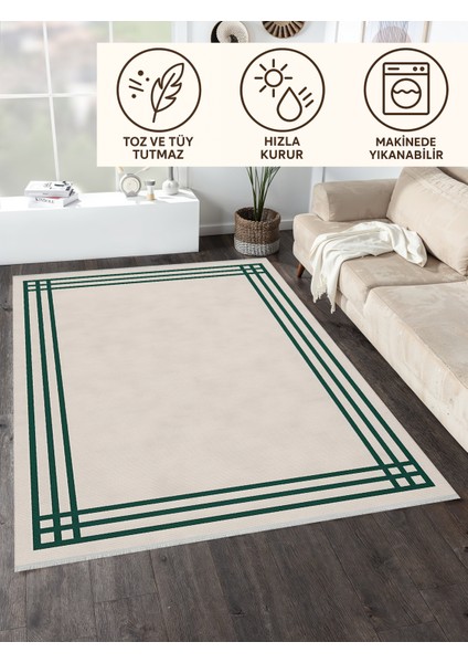 Lofy Halı Modern Çizgili Kaymaz Halı Krem Zemin Yeşil Kenar 160X230 fırsatları