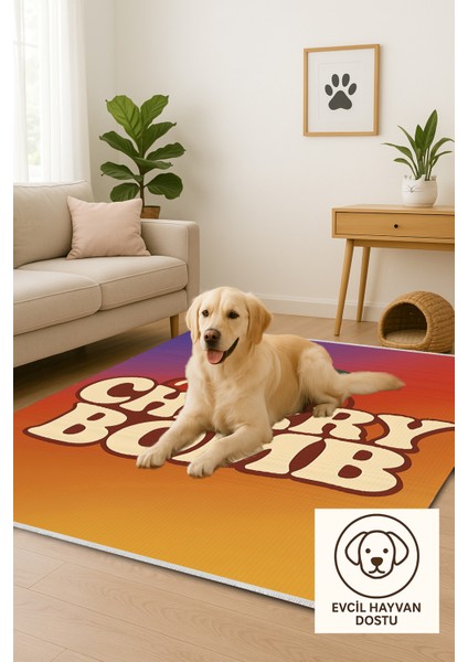 Lofy Halı Retro Cherry Bomb Yazılı Renkli Halı 120X180 Yıkanabilir