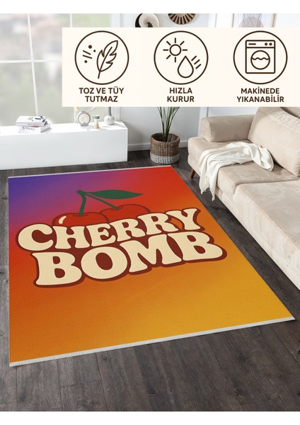 Lofy Halı Retro Cherry Bomb Yazılı Renkli Halı 120X180 Yıkanabilir