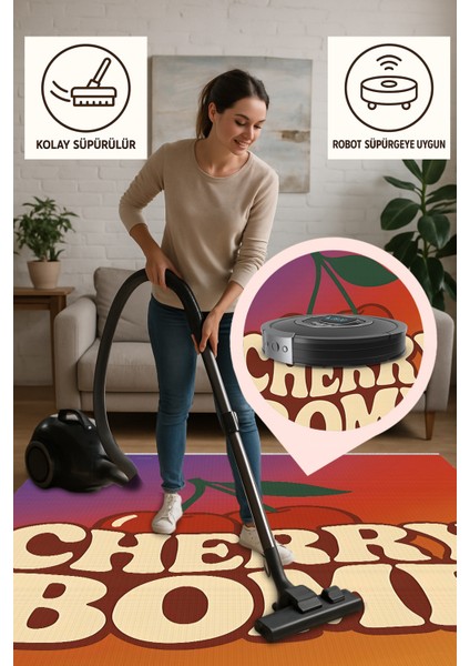Lofy Halı Retro Cherry Bomb Yazılı Renkli Halı 120X180 Yıkanabilir