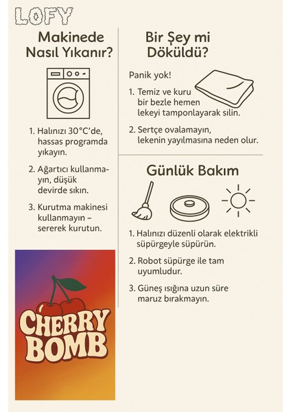 Lofy Halı Retro Cherry Bomb Yazılı Renkli Halı 120X180 Yıkanabilir
