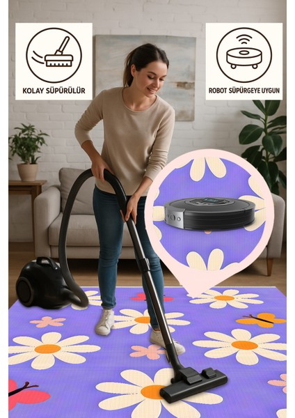 Lofy Halı Mor Papatya Desenli Yıkanabilir Çocuk Halısı 120X180 cm indirimleri