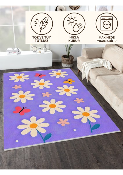 Lofy Halı Mor Papatya Desenli Yıkanabilir Çocuk Halısı 120X180 cm modelleri