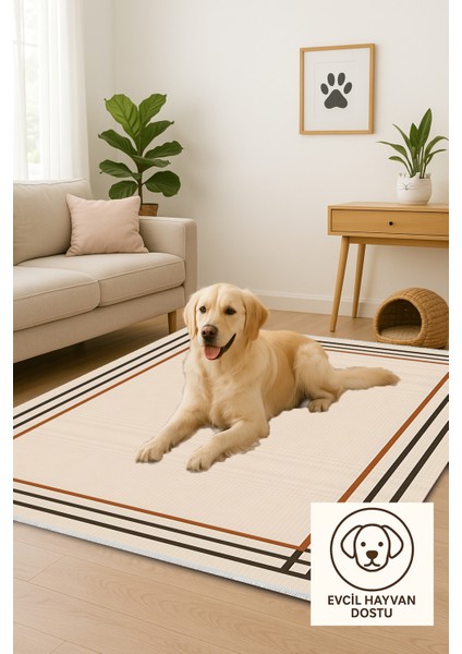 Lofy Halı Çift Çizgili Krem Kahve Yıkanabilir Modern Halı 160X230 cm indirimleri