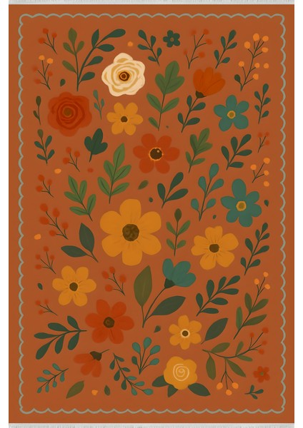 Lofy Halı Retro Botanik Desen Kiremit Renk Halı Yıkanabilir 160X230