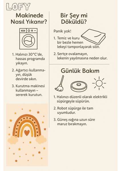 Lofy Halı Bej Zemin Yıldızlı Gökkuşağı Desen Çocuk Halısı 120X180