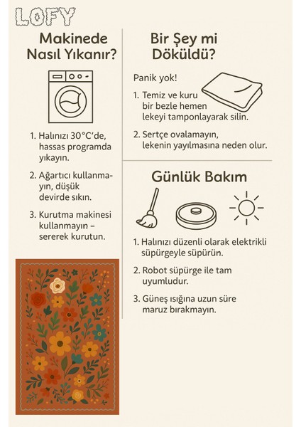 Lofy Halı Retro Botanik Desen Kiremit Renk Halı Yıkanabilir 160X230
