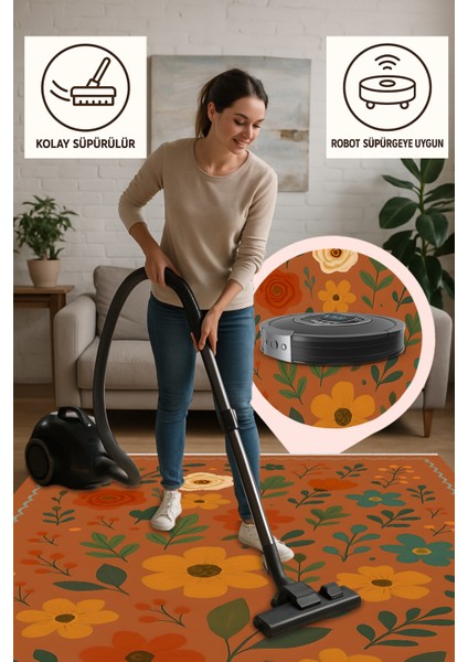Lofy Halı Retro Botanik Desen Kiremit Renk Halı Yıkanabilir 160X230