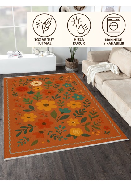 Lofy Halı Retro Botanik Desen Kiremit Renk Halı Yıkanabilir 160X230