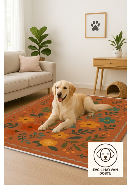 Lofy Halı Retro Botanik Desen Kiremit Renk Halı Yıkanabilir 160X230